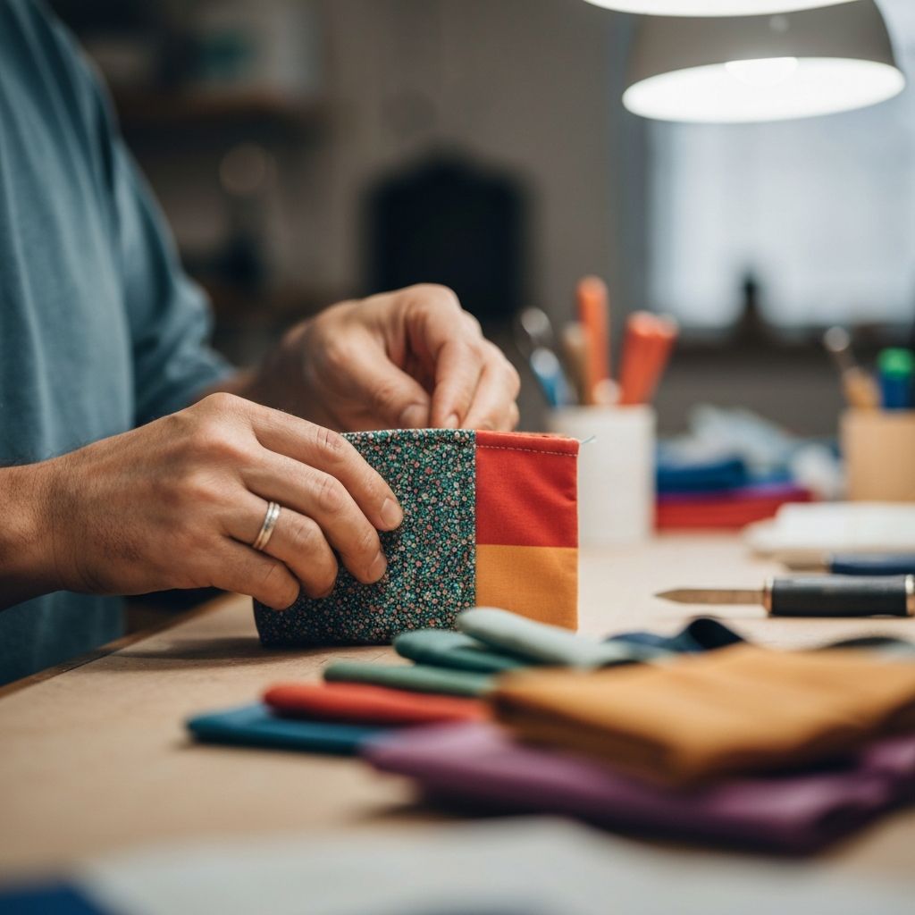 Artisan hands carefully stitching colorful fabric organizer